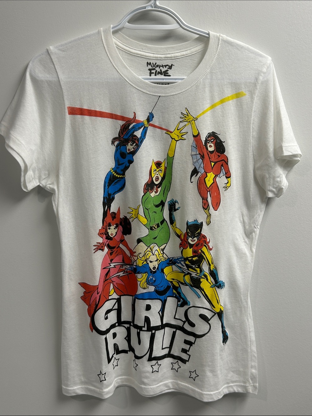 Mighty Fine x Marvel White Tee with Colorful Superhero Girls Graphic